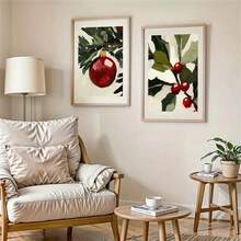 1 pièce/2 pièces canevas d'art imprimée avec sapin de Noël et baies rouges - Style vintage, décoration de vacances chaleureuse pour la maison et le bureau, parfaite pour le salon, la chambre, la salle de bain ou le restaurant, décorations de Noël, idéal comme cadeau de Noël. Cadre en option - Multicolore - Voir 3