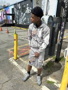 Men's Set Letter Print Zipper Cardigan Hooded Sweatshirt Jacket Hoodie Shorts Punk - 灰色 - 查看 1