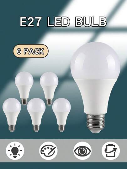 6个E27 LED灯泡，功率可选7/9/12/15W，电压范围110-265V，高亮度低能耗，适用于客厅等室内照明。