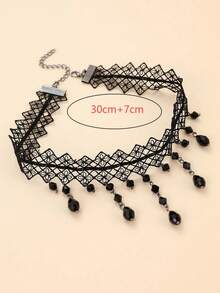 1pc Gothic Style Spider Web Lace Trim Black Crystal Tassel Necklace - Black - View 3