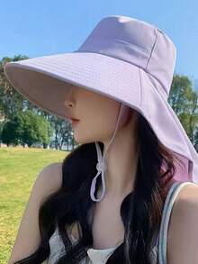 1pc New Neck-Protecting Sun Hat, Women's Sun, Face & UV Protection, Large Brim For Summer, Spring & Autumn Outdoor Bucket Hat, Suitable For Outdoor Sports & Gatherings, Solid Color Casual Polyester Fall