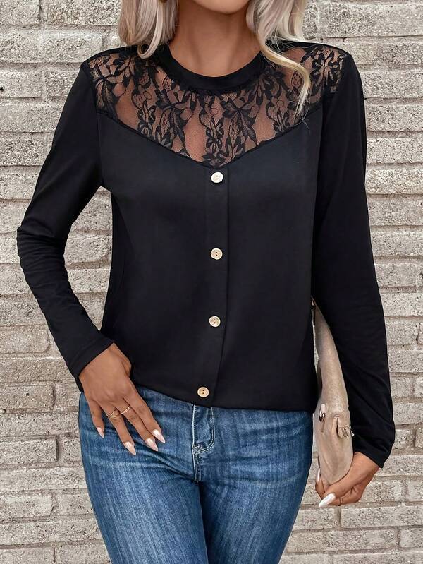 Plus Size Women Long Sleeve Button Design Elegant Solid Color Lace Patchwork Blouse