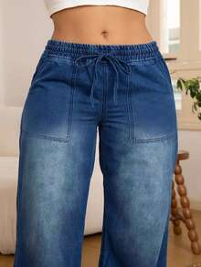 Plus Size Women's Elastic Waist Drawstring Straight Leg Jeans - Dark Wash - View 6