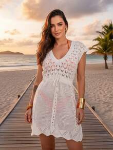 Short Beach Cover-Up, Lace Slit Dress, Crochet Knit, Summer - trắng - Xem 7