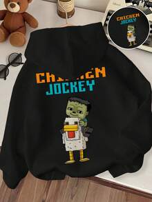 Young Boy Cartoon Pattern Warm Sweatshirt - Black - View 8