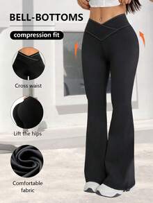 Women's Flare Pants, High Waist Elastic Polyester Yoga Pants, Vintage Criss-Cross Waist Wide Leg Pants, Solid Color Skinny Workout Leggings Suitable For All Seasons, Casual Slim Fit Flare Pants With Elastic Waist