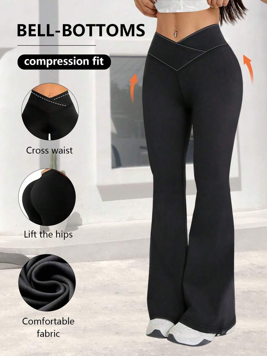 Women's Flare Pants, High Waist Elastic Polyester Yoga Pants, Vintage Criss-Cross Waist Wide Leg Pants, Solid Color Skinny Workout Leggings Suitable For All Seasons, Casual Slim Fit Flare Pants With Elastic Waist