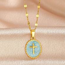 French Oil Drop Round Cross Stainless Steel Pendant Necklace For Women Exquisite Simple Titanium Steel Clavicle Chain - 藍色 - 查看 3