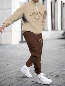 A 2-Piece Set Featuring A Khaki Letter Paired With A Geometric Pattern Printed Design, Consisting Of A Stand-Collar Long-Sleeve Top And Matching Brown Casual Sports Pants; Men's Long-Sleeve And Long-Pants Set, Warm And Comfortable With A Regular Fit And Made From High-Quality Soft Fabric; Suitable For All Casual, Athletic, And Dating Occasions. ...