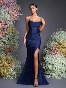 AOSHABABI 蓝色露肩长裙，优雅的颈部和肩部设计，美人鱼下摆，浪漫的系带，适合正式场合、音乐节、联欢晚会、婚礼、毕业典礼、鸡尾酒会、约会、节日和伴娘 - 藏蓝色 - 查看 5