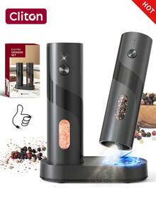 CLITON 电动盐和胡椒研磨器 - 单包装/双包装可选，电池供电/可充电可选 - 自动研磨，带 LED 灯，单手操作，充电底座带灯 - 圣诞派对、感恩节晚餐、新年庆祝活动和节日聚会的必备品 - 彩色 - 查看 12