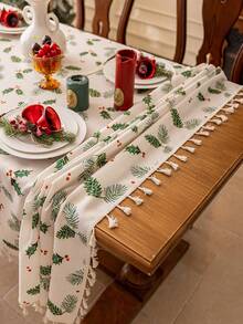 1pc Merry Christmas Rectangular Tablecloth, Green Pine Leaf & Pine Cone Print Pattern, Bamboo Texture, Washable, Suitable For Dining Table, Coffee Table, Nightstand, Cabinet Cover, Home Kitchen, Party, Christmas Decor, Holiday Gift, New Year Decoration - Green - View 17