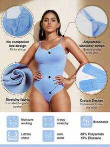 1pc Women Seamless Shaping Bodysuit With Thong Bottom, Slimming Bodyshaper Tummy Control Flat Belly Sheath Jumpsuit Shapewear Waist Trainer Shaper - 藍色 - 查看 3