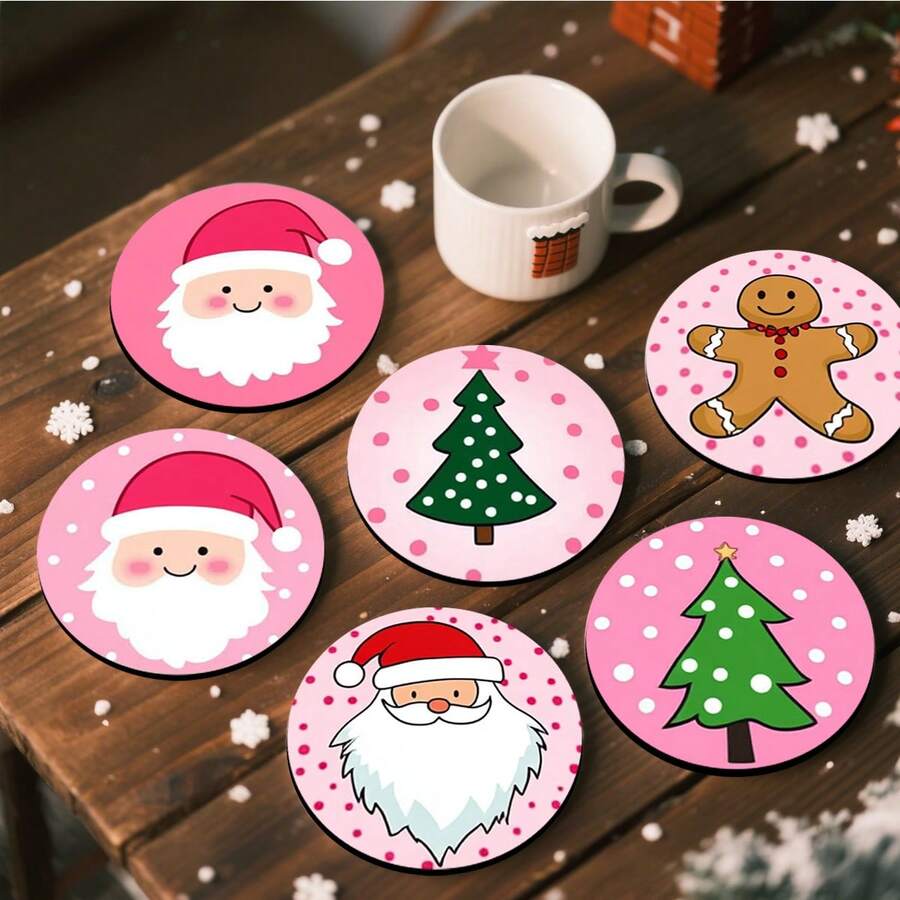 4 piezas/6 piezas/300 piezas Posavasos de barro de diatomeas con patrón de Papá Noel lindo sobre fondo rosa, posavasos de café, decoración multiocasión para el hogar y restaurante, regalos diarios, decoración de mesa, decoración diaria, decoración de fiesta temática