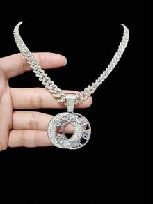 1pc Fashion Creative Roman Numeral Pendant With Alloy Rhinestone Cuban Chain, Unisex Hip-Hop Punk Necklace, Suitable For Daily Wear, Valentine's Day Gift, 2 Chain Options - Silver - View 3