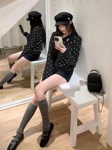女士独特蝴蝶结灰色波点开衫毛衣，可单穿，黑色 - 黑色 - 查看 3
