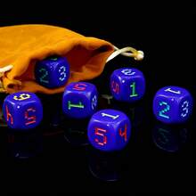 6pcs D6 Dice Set, Blue Dice Body, Multi-Color Numbering, Suitable For Yard, Outdoor Games, Tabletop Games, Festivals, Parties, With Storage Pouch