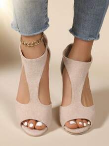 2026 Hot Women's T-Strap High Heel Sandals, Open-Toe Solid Color, Non-Slip Sole For Wedding Party & Daily Matching - 米色 - 查看 5