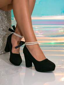 Women's Fashion High Heel Platform Thick Heel Black Pumps With Beaded Chain, Fall, Autumn, Suitable For All Seasons, Elegant, Mary Jane, Party