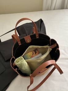 1 Stück braune Retro Wildleder-Optik Patchwork Shopper Tasche, große Kapazität Damen Schultertasche (mit kleiner Innentasche), Herbst/Winter