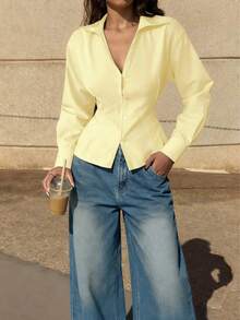 JZXFS Fall Women Clothes Casual Office Simple Solid Color Tight Long Sleeve Shirt Spring - Light Yellow - View 2