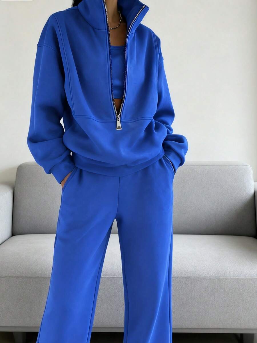New Women's Suit;Women's Two-Piece Set Sweatshirt Fleece Sports Street Casual Fashion Outfit For Women - Màu xanh lam - Xem 1