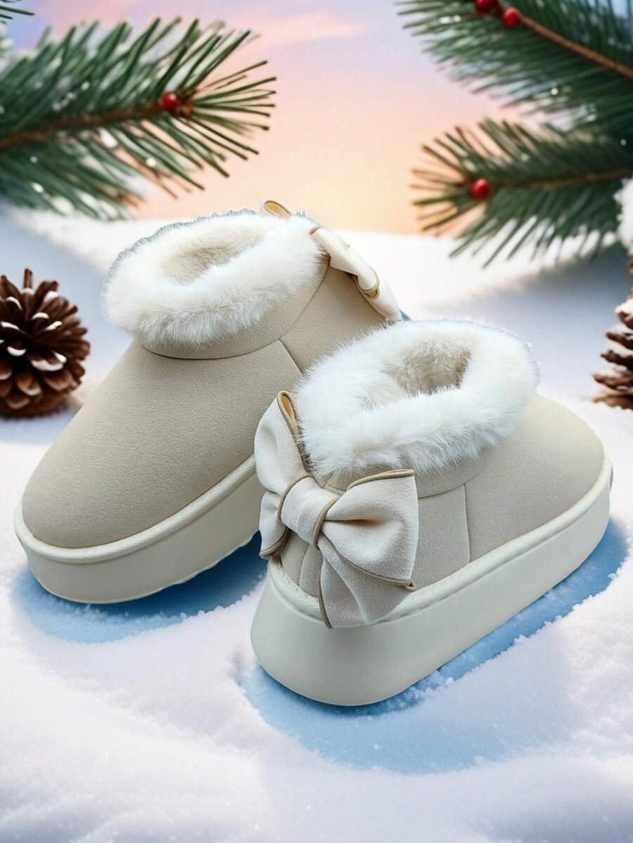 Women's EVA Thick Bottom Bow Tie Design Warm Slip-Resistant Flat Casual Shoes, Suitable For Autumn/Winter - White - View 1