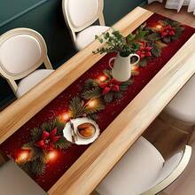 1pc Christmas Theme Table Runner, Pine Branch Print With Warm Fairy Lights, Suitable For Home, Kitchen, Dining Room, Tablecloth, Tableware, Office, Small Tea Table And Coffee Table, Christmas Table Decor