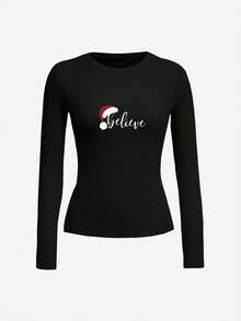 1pc Believe Letter Christmas Hat Graphic Print Women's Round Neck Long Sleeve Slim Fit T-Shirt, Soft Stretchy Fabric Elegant Versatile Top, Vintage Y2K Fashion, Cozy Fall & Back To School Layering Top, Ideal For Holiday Party & Daily Wear - 黑色 - 查看 2