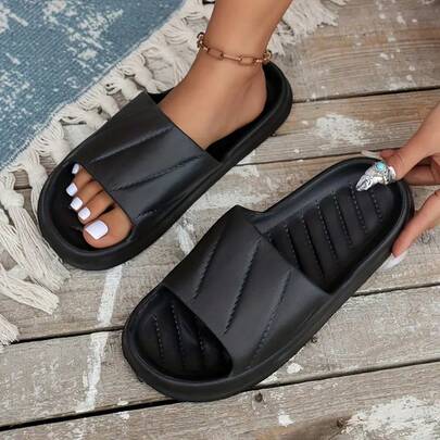 Solid Color Soft Bottom Slanted Toast Texture Minimalist EVA Material Breathable Odorless Sandals, Suitable For Indoor And Outdoor Wear, All Season, Super Soft, Wear-Resistant, Non-, -On Slippers, Suitable For Home, Shower, Beach And Other Occasions, Soft Bottom Lightweight And Comfortable Sandals For All Seasons