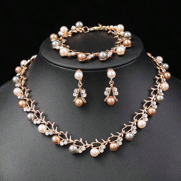 1pc Fashion Pearl, Rhinestone & Bead Jewelry Set Including Necklace, Bracelet, Earrings, Ring, Suitable For Women Wedding Party Accessories, Gift