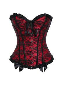Victorian Corset Top Womens Bustier Gothic Lingerie For Halloween Costume Brocade Corsets Floral With Lace Trim Corset Overbust Waist Cincher With Boning Snatched Waist Tummy Control - Ren-Đỏ & Đen - Xem 4