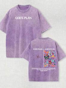 230g Double-Sided Water Wash, Your Plan Is God's Plan Printed T-Shirt, High-Quality Wax Printed Cotton Retro Fashion Brand T-Shirt, Men's T-Shirt, Beach Essential, Summer T-Shirt, Holiday Gift, Perfect Gift - 紫色 - 查看 1