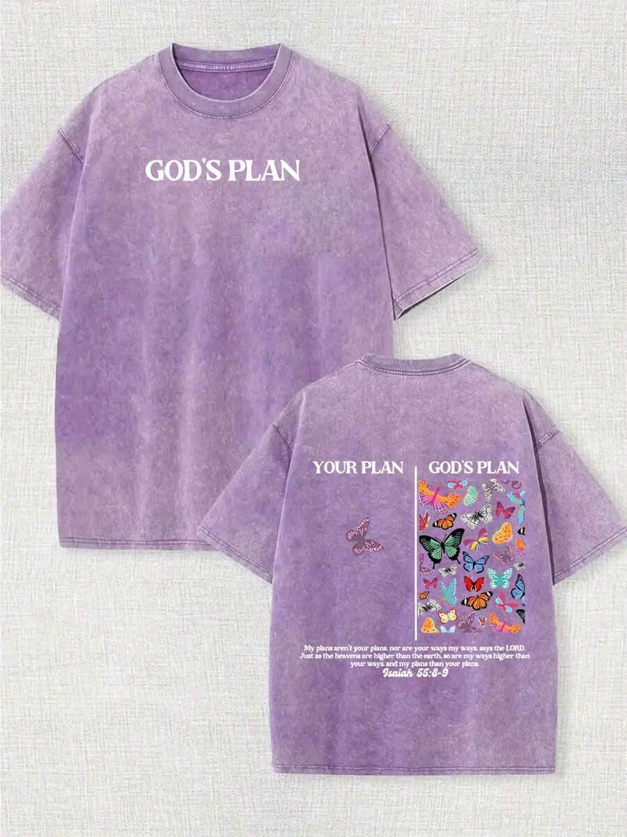 230g Double-Sided Water Wash, Your Plan Is God's Plan Printed T-Shirt, High-Quality Wax Printed Cotton Retro Fashion Brand T-Shirt, Men's T-Shirt, Beach Essential, Summer T-Shirt, Holiday Gift, Perfect Gift - 紫色 - 查看 1