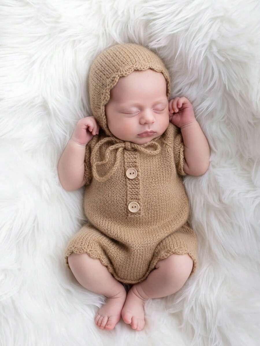 2pcs Newborn Photography Outfits Soft Knitted Baby Romper With Hat Newborn Photography Props Shorts And Cap Set Boy Girl Bodysuit Shooting Romper Baby Shower Gift - Nhiều màu - Xem 1