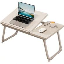 Mesa de Noche Plegable, Mesa de sofá para portátil con portavasos, Mesa portátil para portátil y Ranura de inclinación Ajustable en 5 Niveles para Comer, entretenerse, estudiar y Trabajar - blanco cálido - Ver 2