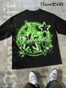 NeonDrift Double-Sided Printing Halloween, Christmas, Thanksgiving Gifts-Glowing Neon Graffiti T-Shirt - Vibrant Green Design For Urban Streetwear Enthusiasts, Perfect For Festivals And Nightlife,  Graphic Tee With Bold Artwork - 黑色 - 查看 3