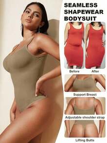 1pc Women Seamless Shaping Bodysuit With Thong Bottom, Slimming Bodyshaper Tummy Control Flat Belly Sheath Jumpsuit Shapewear Waist Trainer Shaper - 卡其色 - 查看 2