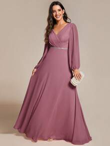 EVERPRETTY Elegant Spring Solid Color Lantern Sleeve V-Neck Rhinestone Decor Chiffon Bridesmaid Dresses, Long Sleeve Dress, Wedding Guest Gown Formal Dresses - Dusty Pink - View 7