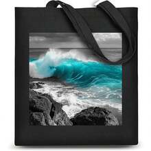 1pc 35*40cm(14*16 Inch) Ocean Sea Wave Water Teal And Grey Shopping Bag, Simple Design Printed Bag With Strong Straps For Daily Commute
