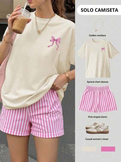 Mujer casual minimalista estampado de lazo ajustado cuello redondo manga corta verano uso diario camiseta