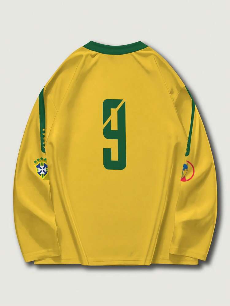 Men's Loose Fit Letter & Number Print Long Sleeve T-Shirt, Brazil National Football Team Style, Comfortable, Lightweight, Casual Campus & Street Style, Spring/Summer/Autumn - Yellow - View 2