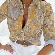 2025 女士时尚翻领数码印花休闲纽扣衬衫 - 黃色 - 查看 3