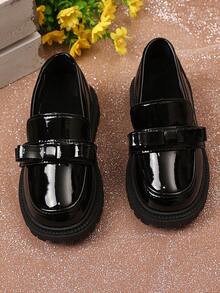 1 Đôi giày lười da bóng màu đen có nơ cho trẻ em, đế cao su mềm, lót PU mềm, gót vừa phong cách Anh thanh lịch, phù hợp cho bé gái từ 3-15 tuổi, thường ngày, đi học, tiệc tùng, xuân/hè/thu/đông - màu đen - Xem 12