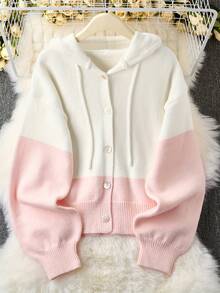 [Cozy Hooded Cardigan] Cozy Plus Size Fresh Pink & White Contrast Hooded Cardigan | Long Sleeve Button Details, Perfect For Fall/Winter - Hồng - Xem 7