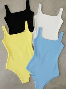 Kit 4 Bory Bodi Leotard Tank Top Thick Strap Casual Second Skin Fashion Women's Female P M G GG - 黃色/黑色/白色/藍色 - 查看 1