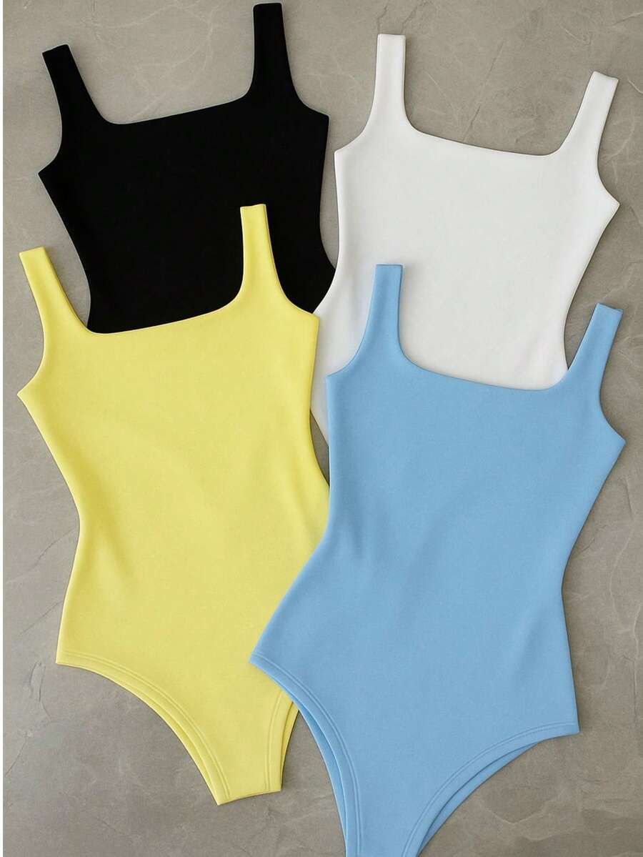 Kit 4 Bory Bodi Leotard Tank Top Thick Strap Casual Second Skin Fashion Women's Female P M G GG - 黃色/黑色/白色/藍色 - 查看 1