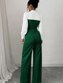 Conjunto de 2 piezas de mujer con rayas finas y parches, elegante y casual, con blusa de manga larga y pantalones, adecuado para la oficina y el hogar, primavera/verano/otoño