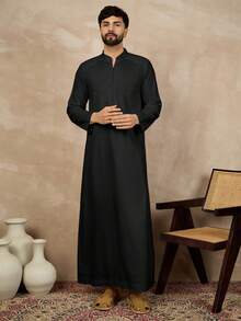 穆斯林男士休闲纯色传统阿拉伯长袍 - 黑色 - 查看 1