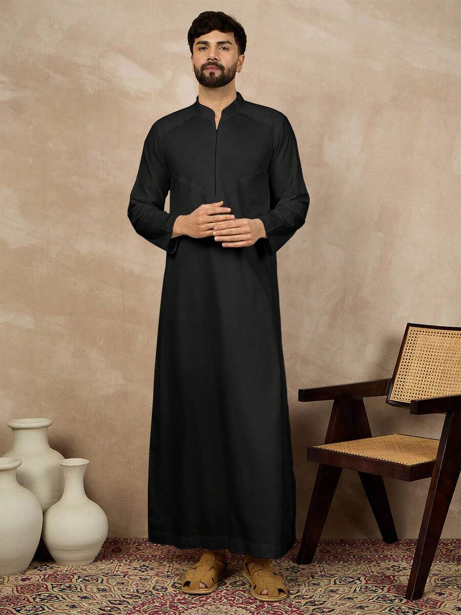 穆斯林男士休闲纯色传统阿拉伯长袍 - 黑色 - 查看 1
